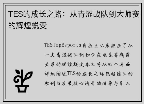 TES的成长之路：从青涩战队到大师赛的辉煌蜕变
